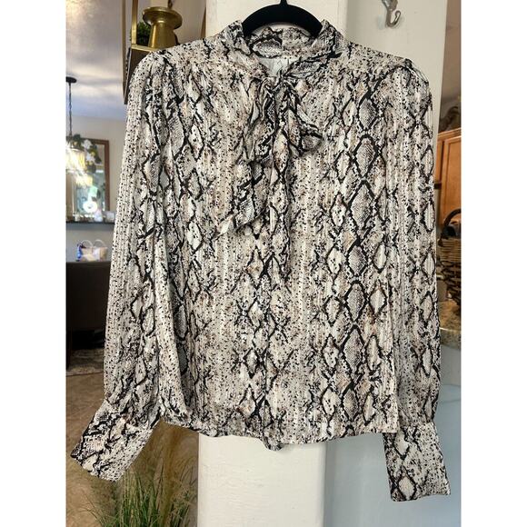 Joie Snake Print Tie Neck Balloon Sleeve Button Up Blouse Size XS 0-2 - Picture 4 of 6